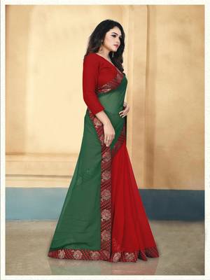Green plain georgette saree with blouse 3