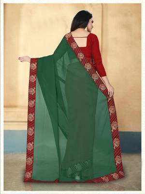 Green plain georgette saree with blouse 4