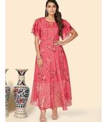 Vbuyz Women's Floral Print Anarkali Chiffon Pink Stitched Kurta