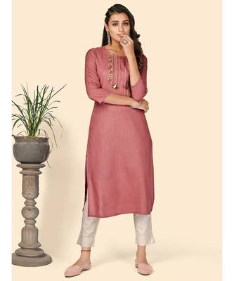 Vbuyz Women's Embroidered Straight Rayon Rust Pink Stitched Kurta 1