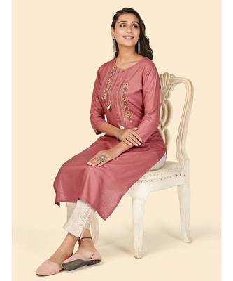 Vbuyz Women's Embroidered Straight Rayon Rust Pink Stitched Kurta 2