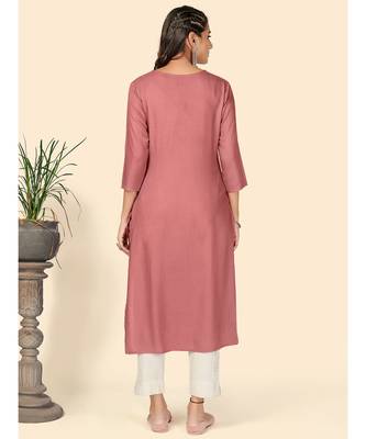 Vbuyz Women's Embroidered Straight Rayon Rust Pink Stitched Kurta 3