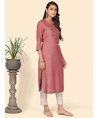 Vbuyz Women's Embroidered Straight Rayon Rust Pink Stitched Kurta 4