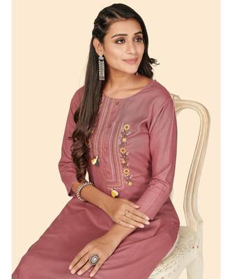 Vbuyz Women's Embroidered Straight Rayon Rust Pink Stitched Kurta 5