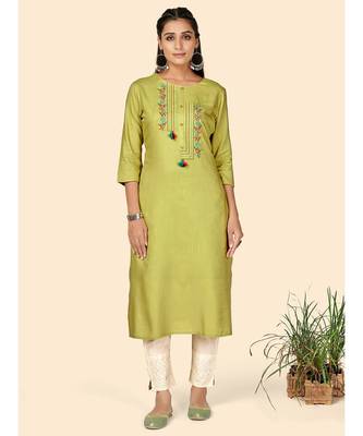 Vbuyz Women's Embroidered Straight Rayon Light Green Stitched Kurta 1