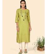 Vbuyz Women's Embroidered Straight Rayon Light Green Stitched Kurta