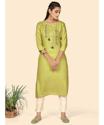 Vbuyz Women's Embroidered Straight Rayon Light Green Stitched Kurta 2