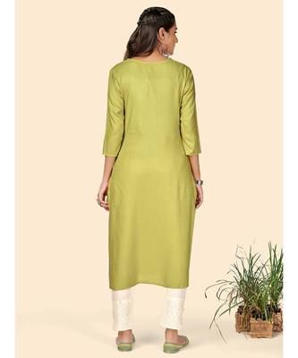 Vbuyz Women's Embroidered Straight Rayon Light Green Stitched Kurta 3