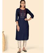 Vbuyz Women's Embroidered Straight Rayon Blue Stitched Kurta