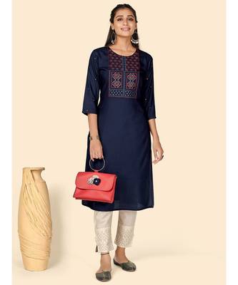 Vbuyz Women's Embroidered Straight Rayon Blue Stitched Kurta 2