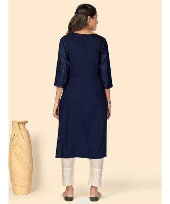 Vbuyz Women's Embroidered Straight Rayon Blue Stitched Kurta 3