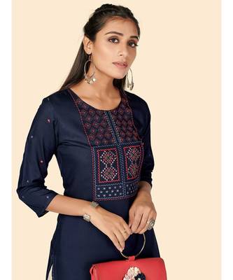 Vbuyz Women's Embroidered Straight Rayon Blue Stitched Kurta 4