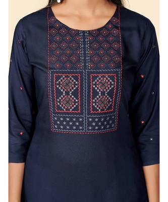 Vbuyz Women's Embroidered Straight Rayon Blue Stitched Kurta 5