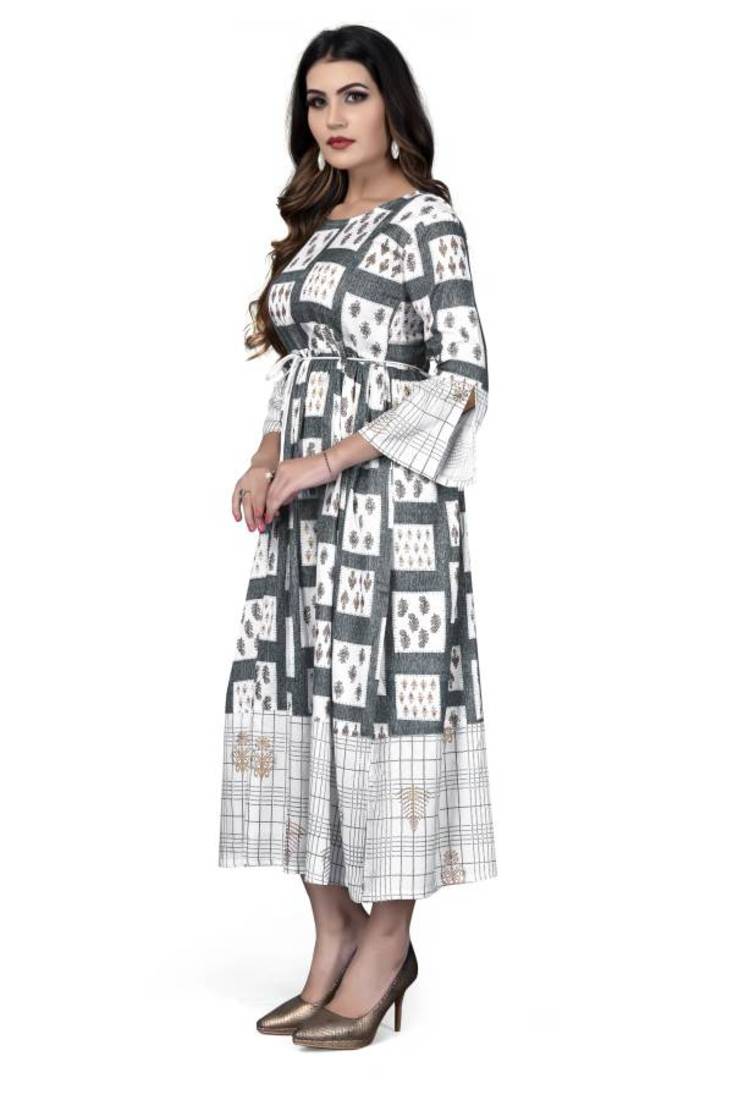 A-line Printed Women White Rayon Kurti KE_263