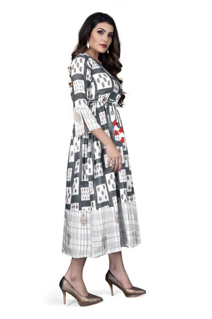 A-line Printed Women White Rayon Kurti KE_263