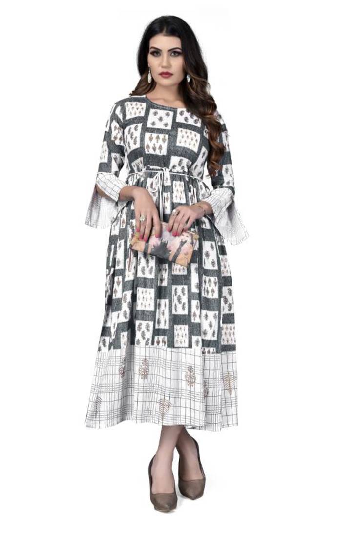 A-line Printed Women White Rayon Kurti KE_263