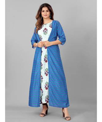 Women Blue & White Ethnic Motifs Printed Kurta With Shrug 3
