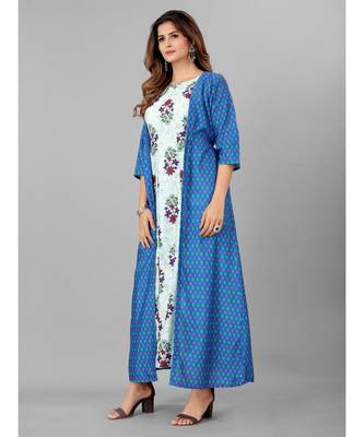 Women Blue & White Ethnic Motifs Printed Kurta With Shrug 1