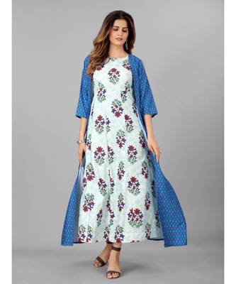 Women Blue & White Ethnic Motifs Printed Kurta With Shrug 4