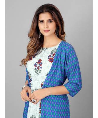 Women Blue & White Ethnic Motifs Printed Kurta With Shrug 5