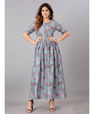 Women Grey Melang &Pink Floral Ethnic Printed  Kurta 3