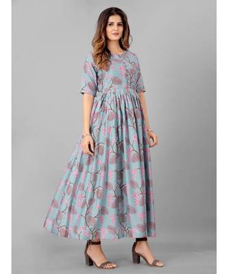 Women Grey Melang &Pink Floral Ethnic Printed  Kurta 1