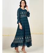 Women Teal Green & White Embroidered Sequins Tiered Layered  Kurta