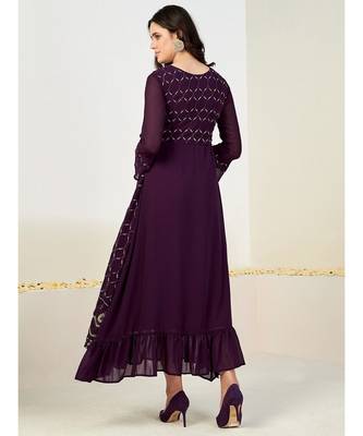 Women Burgundy-Coloured & White Embroidered Sequins Tiered Layered  Kurta 2