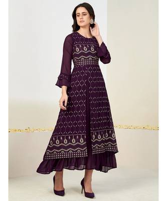 Women Burgundy-Coloured & White Embroidered Sequins Tiered Layered  Kurta 1
