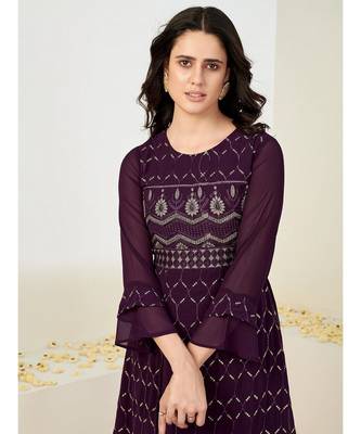 Women Burgundy-Coloured & White Embroidered Sequins Tiered Layered  Kurta 5