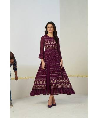 Women Burgundy-Coloured & White Embroidered Sequins Tiered Layered  Kurta 6