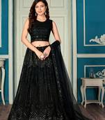 Black embroidered net semi stitched lehenga