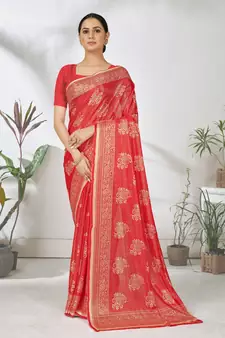 Red woven lycra saree with blouse