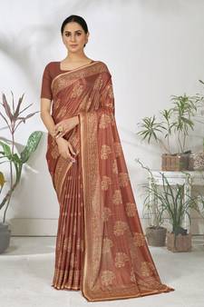 Brown woven lycra saree with blouse