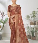 Brown woven lycra saree with blouse