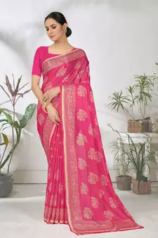 Pink woven lycra saree with blouse