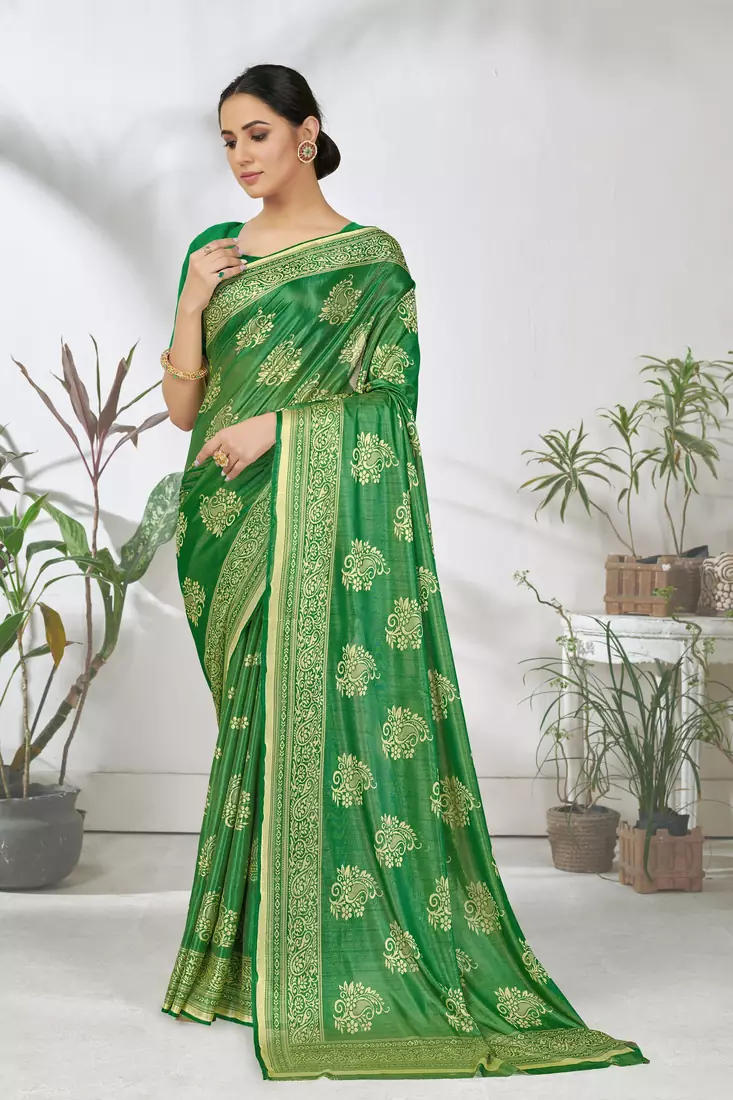 Green woven lycra saree with blouse