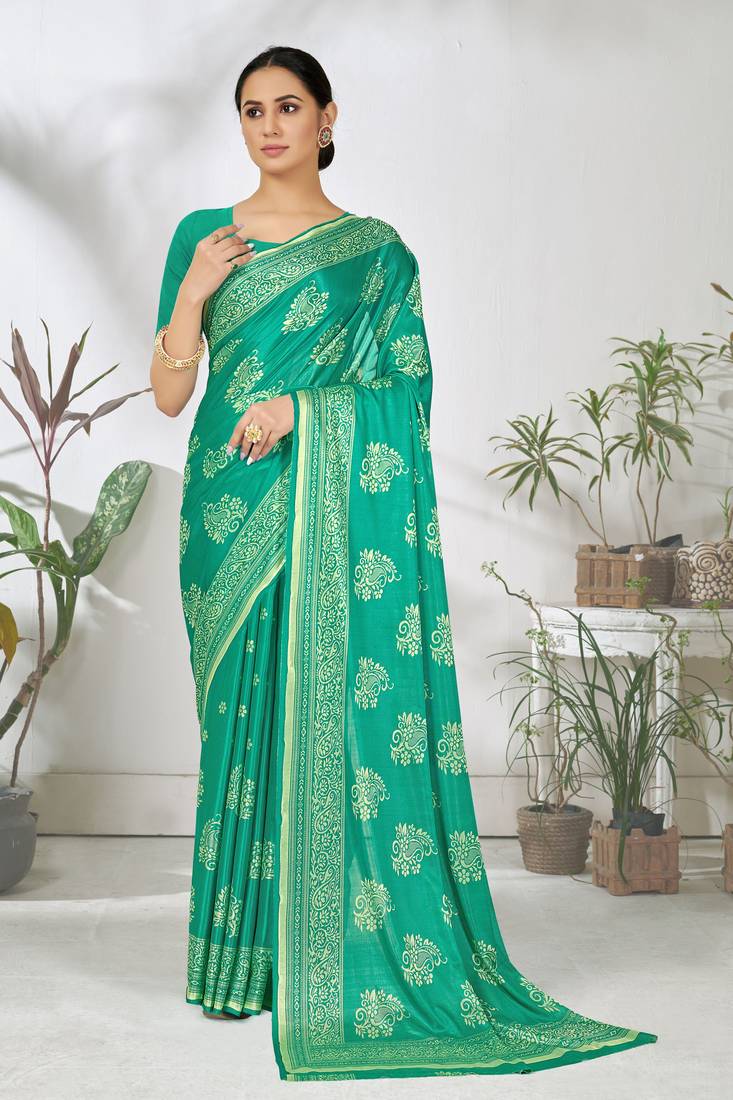 Turquoise woven lycra saree with blouse