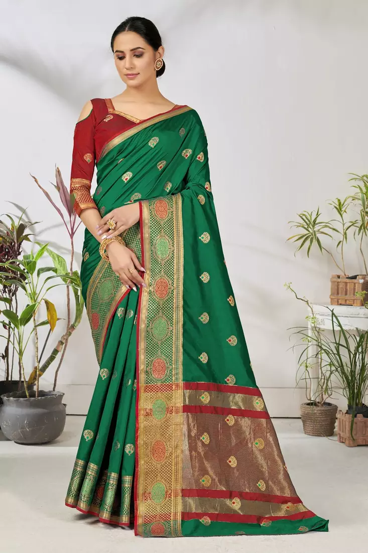Green woven lycra saree with blouse