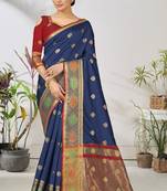 Dark blue woven lycra saree with blouse