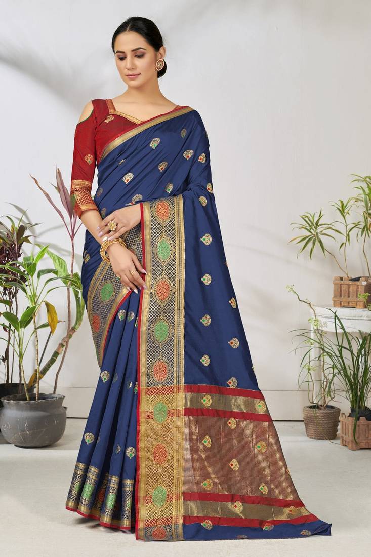 Dark blue woven lycra saree with blouse