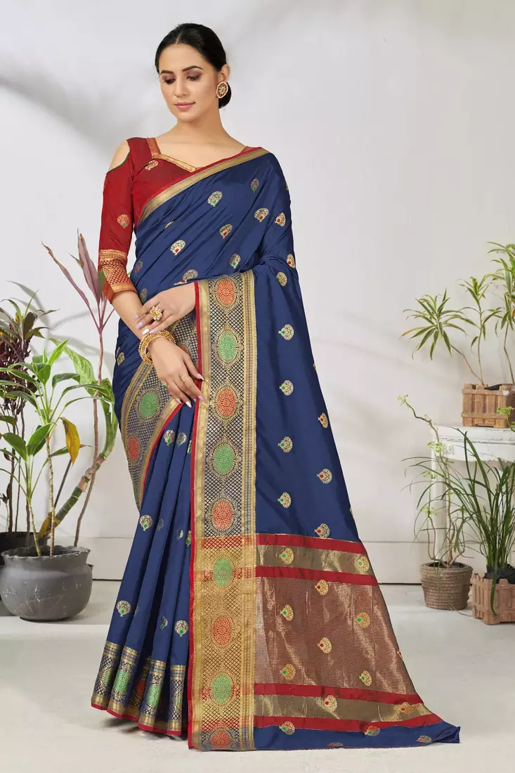 Dark blue woven lycra saree with blouse