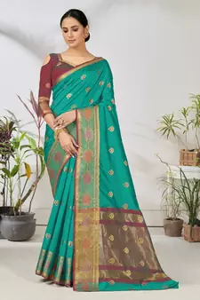 Turquoise woven lycra saree with blouse