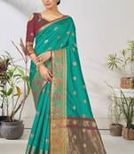 Turquoise woven lycra saree with blouse