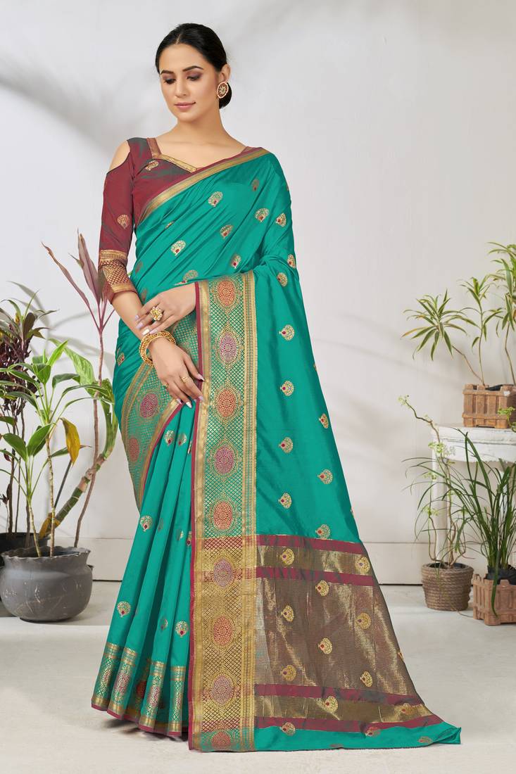 Turquoise woven lycra saree with blouse