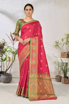 Pink woven lycra saree with blouse