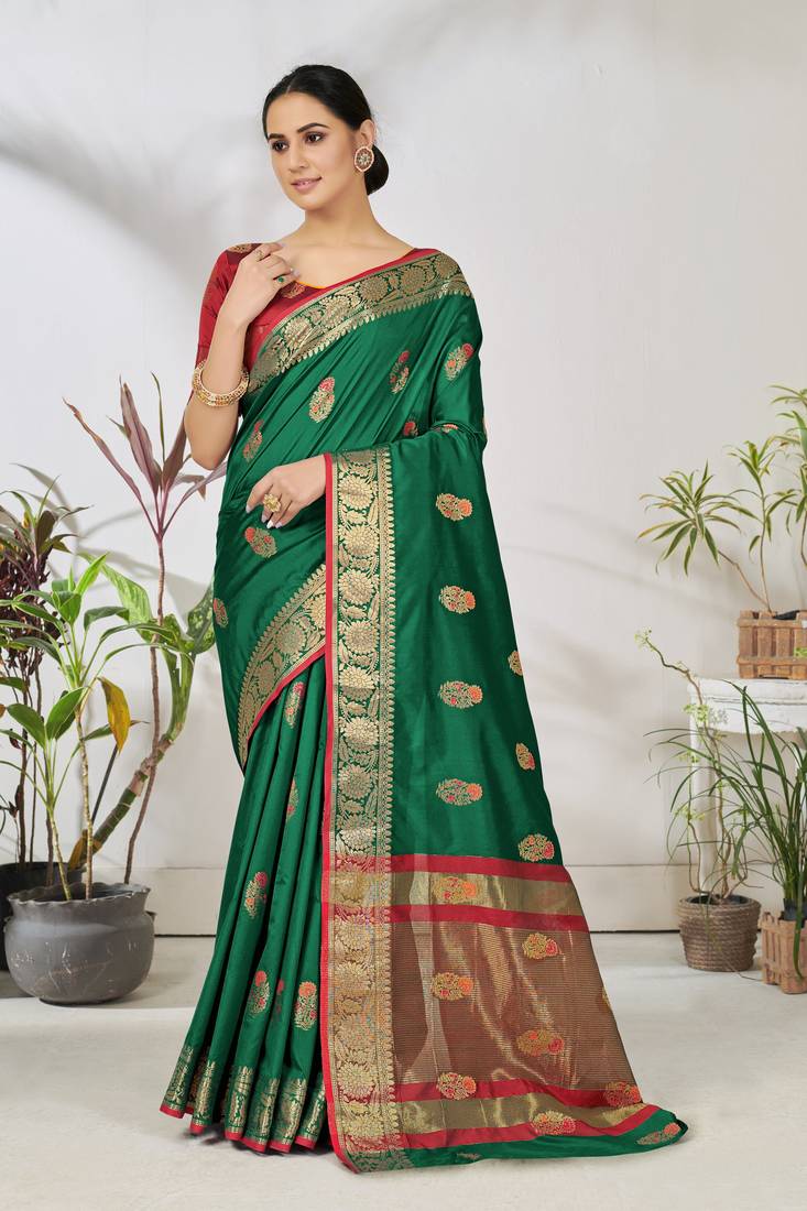 Green woven lycra saree with blouse