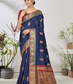 Dark blue woven lycra saree with blouse