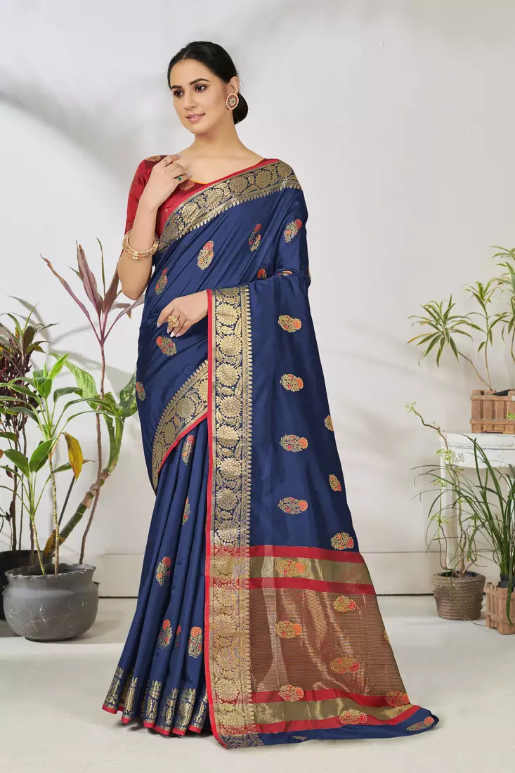 Dark blue woven lycra saree with blouse