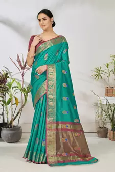 Turquoise woven lycra saree with blouse